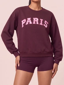 SHEIN BAE Women's Applique Embroidered Long Sleeve Sports Sweatshirt - Burgundy - View 4