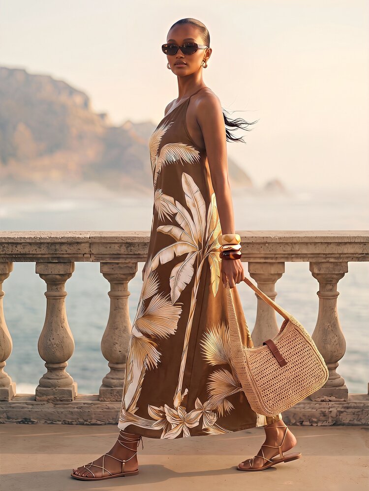 CAJUNI Chic Vacation Golden Tropical Illustration One Shoulder Maxi Dress - Chocolate Brown - View 3