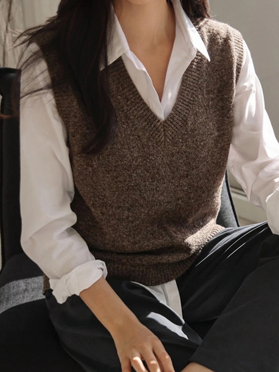 DAZY Solid V-Neck Sweater Vest Without Blouse,Fall Clothes - Brown - View 1