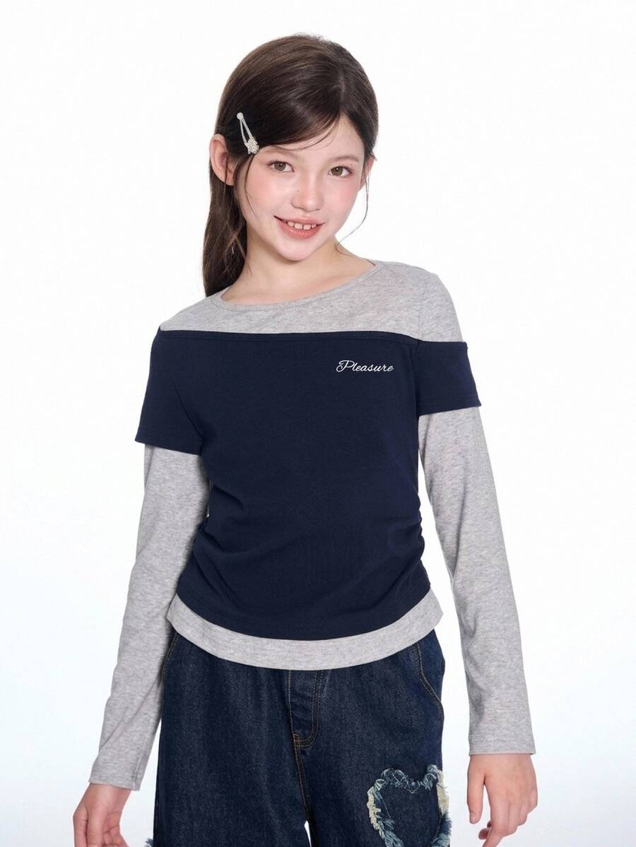 Dazy Kids Kaos Kasual Sehari-hari Model Dua Potong Patchwork untuk Remaja Perempuan - Grey - View 1