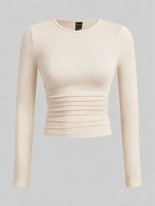 SHEIN EZwear 黑色卡其色深棕色白色針織女款圓領長袖抓皺緊身T恤 日常秋季極簡基礎簡約 - 彩色 - 查看 4
