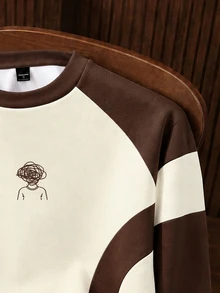OlaRiff Sweatshirt Pullover Pria Regular Fit Kerah Bulat dengan Lapisan Fleece, Motif Blok Warna - Coklat - View 3