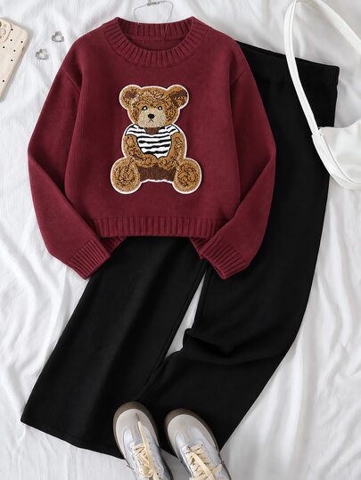 SHEIN Girls' Autumn/Winter Fashion Pattern Jacquard Knit Sweater Long Sleeve Pullover & Long Pants Set