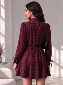 SHEIN Raffinéa Women's Fashion Elegant Daily Plaid Patchwork Tie Long Sleeve Dress - Multicolor - View 2