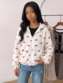SHEIN Tween女孩兒童加厚蝴蝶結連帽拉鍊外套，保暖內裡，秋冬款 - 粉色 - 查看 11