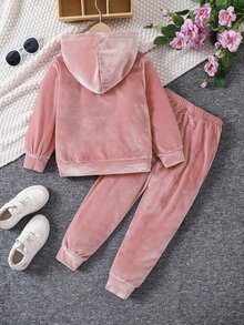 SHEIN 少女休閒運動風亮片字母印花長袖連帽衫與長褲兩件套，適合秋季 - 粉色 - 查看 2