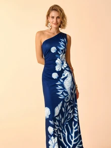 CAJUNI Women's Floral Print One Shoulder Casual Party Dress - Navy Blue - View 1