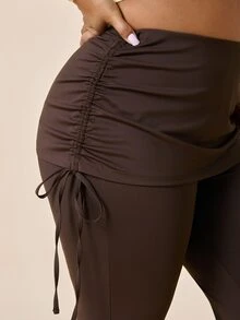 SHEIN Rhythm Era بنطلون ليقنز مقاس كبير باللون البني الداكن مع حافة سفلية واسعة، تصميم تنحيف الساق ورفع المؤخرة، حزام خصر مزدوج، طيات جانبية وحبل شد، بنطلون ليقنز عصري - بني - مشاهدة 6