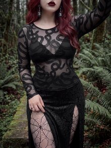 Whyspr Plus Size Early Autumn Punk Flocked Snake Print Sheer Long Sleeve T-Shirt - Black - View 5