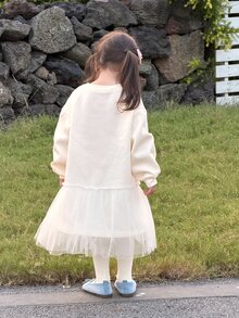 Dazy Kids Infant/Toddler (Girl) Round Neck Cartoon Print Long Sleeve Autumn/Winter Mesh Patchwork Dress - Apricot - View 2