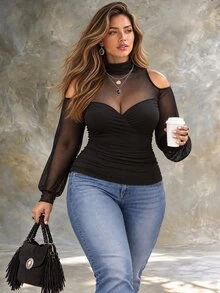 Ceyna ملابس علوية نسائية مقاس كبير بتصميم مجعد وياقة عالية مع رقعات شبكية وأكتاف مكشوفة وأكمام طويلة، بودي مثير شفاف بتصميم رقعات وبستير مع خصر مطوي ضيق ومرن لتنحيف الجسم - الأسود - مشاهدة 5