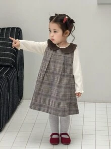 Dazy Kids Infant/Toddler (Girl) Korean Style Plaid Peter Pan Collar Dress - Khaki - View 2