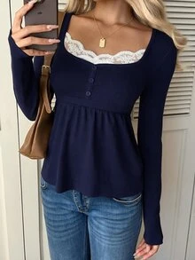 CovetEZ 女款對比蕾絲心形領長袖休閒浪漫蕾絲襯衫，白色，適合早午餐約會，秋季 - 藏蓝色 - 查看 4