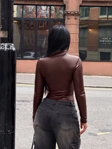 SHEIN SXY 女款純色拉鍊修身百搭日常穿著長袖連身衣 - 棕色 - 查看 2