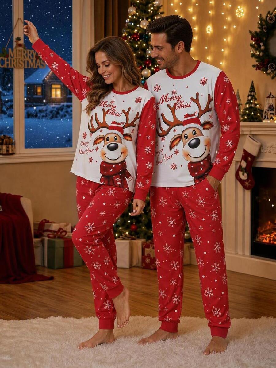 SHEIN Men's Cartoon Print Top And Pants Loungewear Set, Christmas Style - Multicolor - View 1
