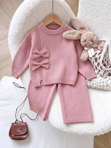 SHEIN Baby Girl Knit Solid Color Round Neck 3D Bow Casual Sweater & Long Pants 2 Pieces Set - Pink - View 3
