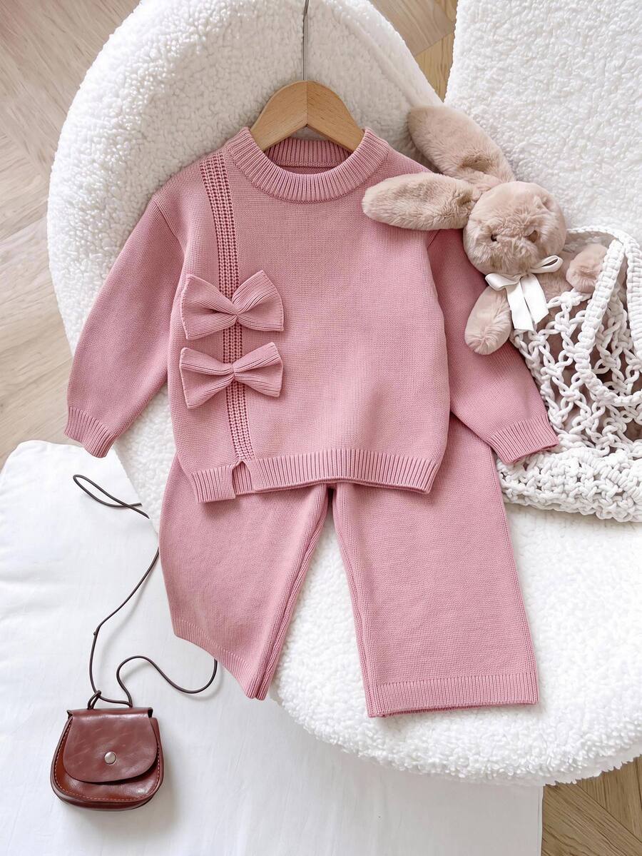 SHEIN Baby Girl Knit Solid Color Round Neck 3D Bow Casual Sweater & Long Pants 2 Pieces Set - Pink - View 1