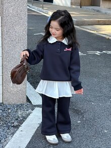Dazy Kids 女童 (小號) 海軍藍撞色寬鬆衛衣上衣 + 直筒長褲休閒 2 件套衛衣套裝 - 藏蓝色 - 查看 7