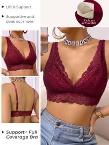 SHEIN Elacene 1件女款蕾絲無鋼圈內衣 - 紅色 - 查看 5