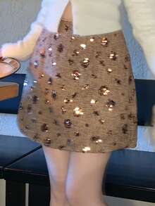 DAZY Women's Sequin Fashion Versatile Daily Wear Skirt - Khaki - View 8
