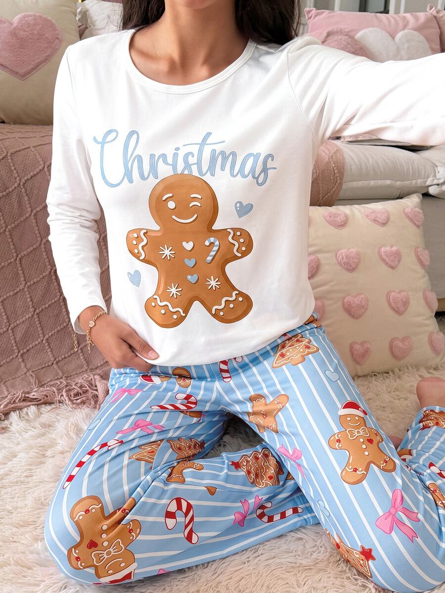 SweetSlumber Women's Christmas Gingerbread Man Candy Striped Print Knit Long Sleeve Pants Pajama Set - Multicolor - View 1