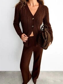 SHEIN Women Button Front Long Sleeve Cardigan Button Sleeve And Sweater Pant 2pcs Set Co-Ords - Brown - View 5