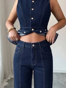 SHEIN LUNE Women's Button-Up Waist Tank Top And Pocket Long Pants Denim Set - Dark Wash - View 4