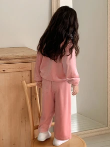 Dazy Kids طقم سويت شيرت صوف طويل الأكمام بأسلوب كوري للرضع/الأطفال الصغار (بنات) - وردي - مشاهدة 2
