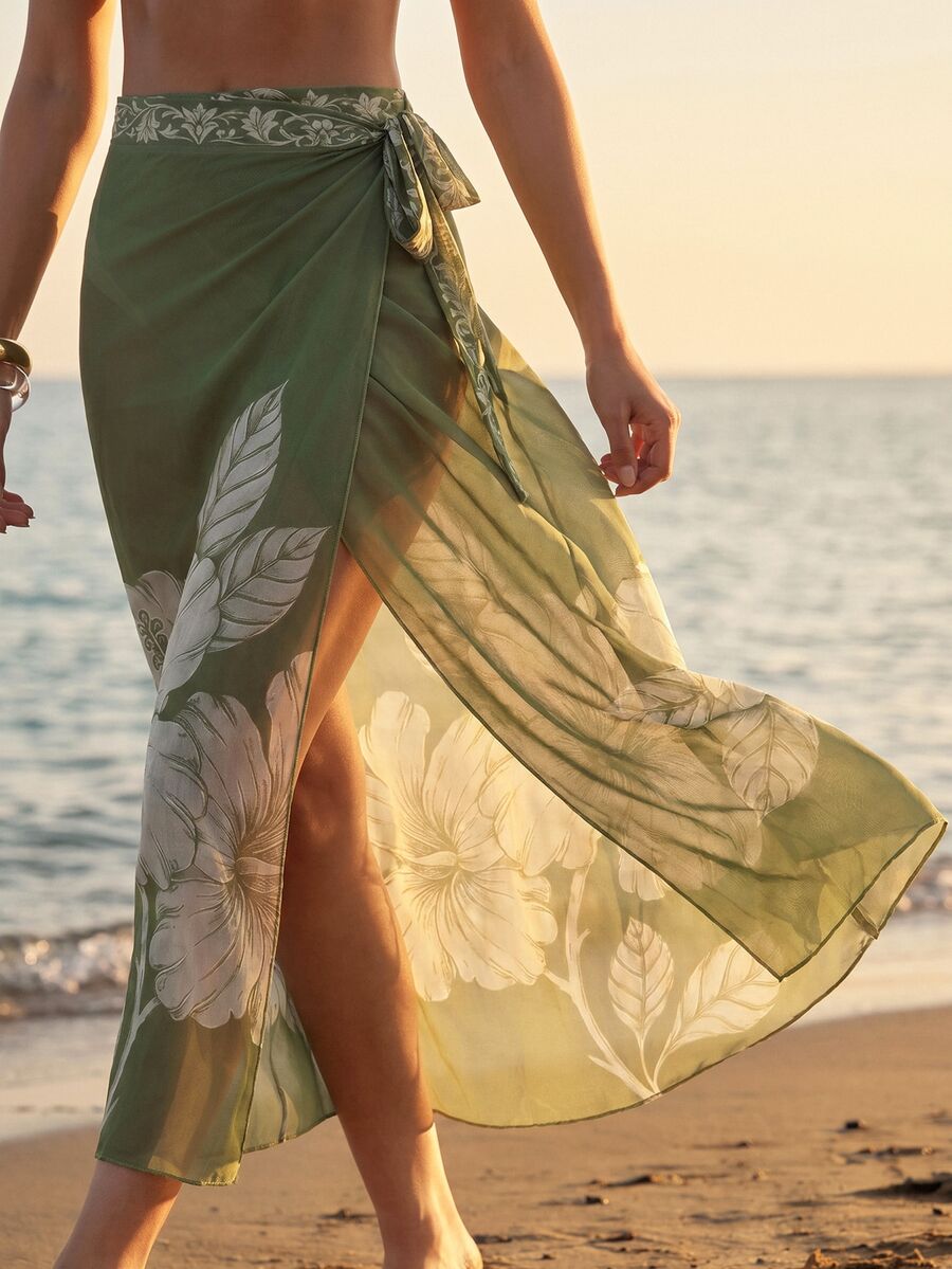CAJUNI Women's Floral Print Tie-Front Cover Up Skirt For Vacation - Olive Green - View 1