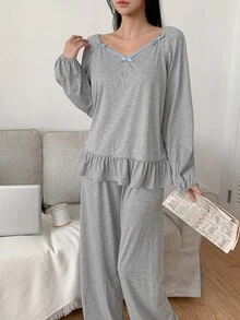 DAZY 2pcs/Set Women's Lace Patchwork V-Neck Long Sleeve Frill Trim Solid Color Straight Leg Long Pajama Set - Grey - View 4
