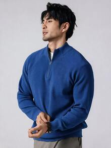 Manfinity Homme 男士純色半拉鍊長袖休閒毛衣 辦公商務款 酒紅色 秋冬 - 藍色 - 查看 6