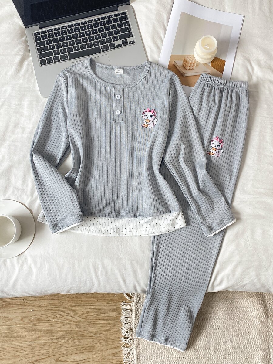 Girls' Simple Elegant Solid Gray Fabric Comfortable Long Sleeve Pants 2 Pieces Loungewear Set - Grey - View 1