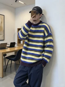 Manfinity Hypemode 男士條紋拼色長袖毛衣，適合日常穿著 - 彩色 - 查看 3