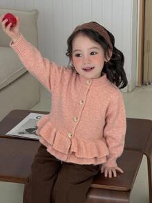 DAZY 嬰兒/幼兒（女童）荷葉邊飾休閒韓風純色秋冬長袖開襟衫 - 粉色 - 查看 9