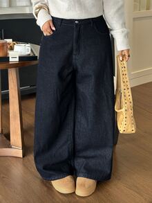 Dazy Plus Plus Size Korean Style Thermal Lined Straight Leg Denim Jeans, Autumn/Winter - Dark Wash - View 6