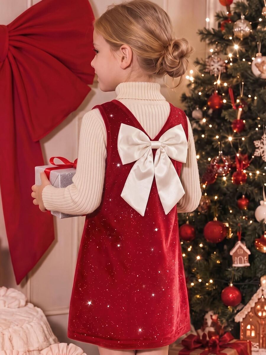 SHEIN Đầm bé gái tiệc Giáng Sinh sinh nhật, đính sequin, trang trí nơ lớn sau lưng, sát nách cổ tròn dáng chữ A, trắng đỏ, phong cách công chúa mùa thu đông - Đỏ - Xem 1
