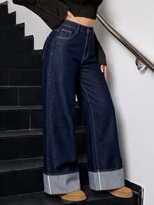 SHEIN Tall 冬季女款休閒水洗復古時髦翻邊設計寬腿牛仔褲，適合高個女性 - 深色水洗藍 - 查看 5