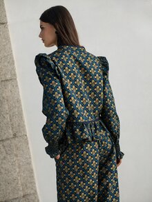 Nöista New Chinese Retro Print Ruffle Two Pieces Set - Blue - View 10