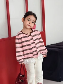 Dazy Kids Infant/Toddler (Girl) Round Neck Striped Korean Style Autumn/Winter Long Sleeve Top - Pink - View 4