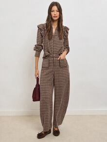 Nöista Plaid Shirt And Pants Set Contrast Piping. Perfect For Fall Winter Outfits, Elegant Looks And Christmas Celebrations. - Burgundy - View 10