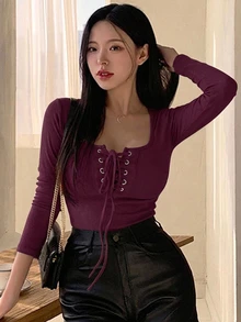 DAZY Women's Solid Color Tie Front Long Sleeve T-Shirt, For Casual Everyday Wear In Autumn,Fall Women Clothes - Red Violet - View 4