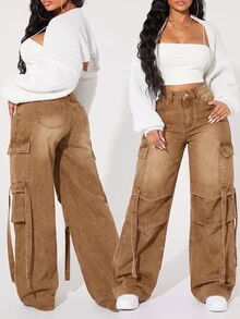 SHEIN ICON بنطلون جينز دنيم مقاس كبير بتصميم بسيط باهت للارتداء اليومي، العودة إلى المدرسة - كاكي - مشاهدة 7