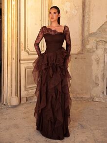 Aureia Elegant Coffee Brown Lace Patchwork Organza Asymmetrical Neckline Multi-Layer Ruffle Skirt Evening Gown - Coffee Brown - View 5