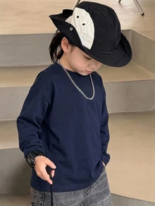 Dazy Kids 小男孩字母印花長袖圓領T恤，適合日常穿著 - 寶藍色 - 查看 6