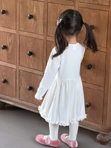 Dazy Kids Atasan Bayi/Balita (Perempuan) Leher Bulat dengan Hiasan Ruffle Lengan Panjang Nyaman Gaya Korea Serbaguna - Aprikot - View 2