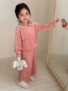 Dazy Kids طقم سويت شيرت صوف طويل الأكمام بأسلوب كوري للرضع/الأطفال الصغار (بنات) - وردي - مشاهدة 1