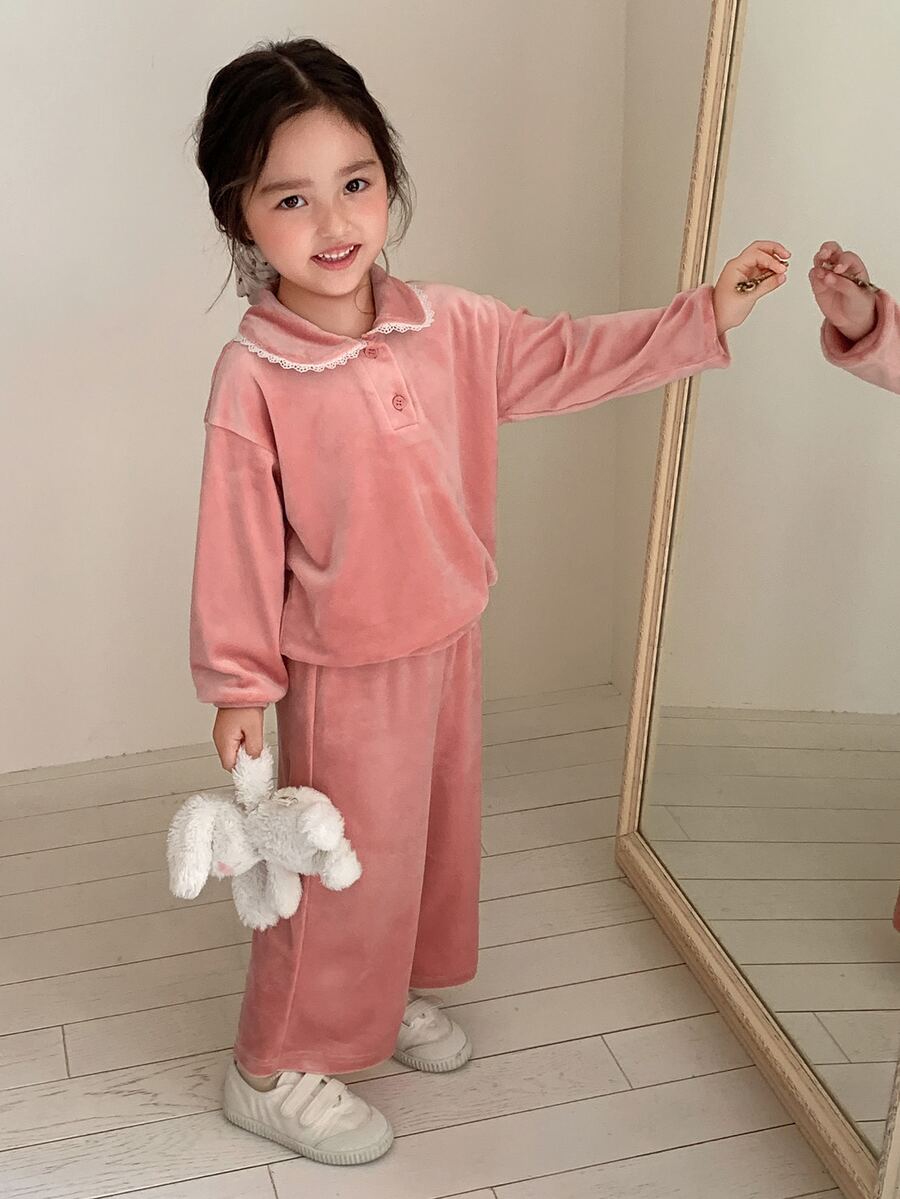Dazy Kids طقم سويت شيرت صوف طويل الأكمام بأسلوب كوري للرضع/الأطفال الصغار (بنات) - وردي - مشاهدة 1
