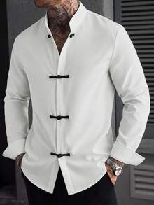 Manfinity Homme Men's New Chinese Style Frog Button Long Sleeve Shirt - White - View 4