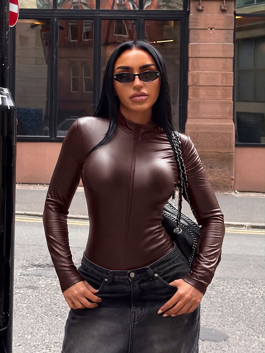 SHEIN SXY 女款純色拉鍊修身百搭日常穿著長袖連身衣 - 棕色 - 查看 1