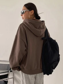DAZY 拉鍊式落肩抽繩保暖內裡連帽衛衣，長袖上衣，秋季女裝運動衫外套 - 咖啡棕 - 查看 3